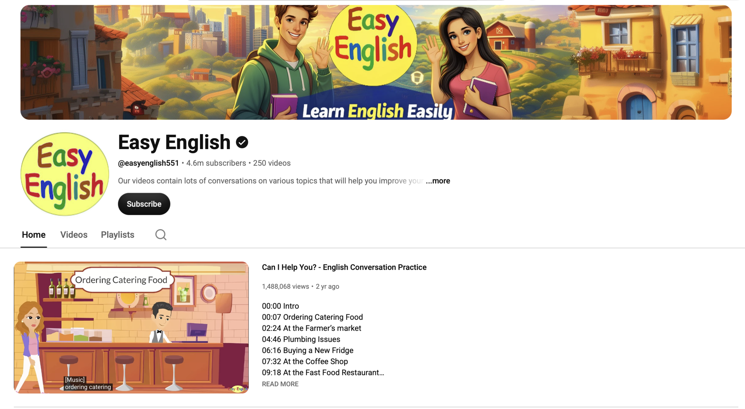 Easy English YouTube channel, animated everyday English conversations for beginners